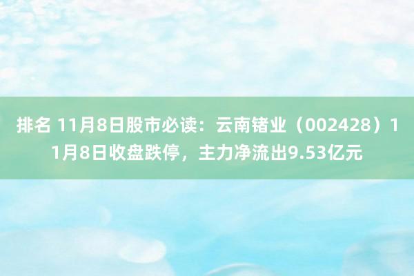 排名 11月8日股市必读：云南锗业（002428）11月8日收盘跌停，主力净流出9.53亿元