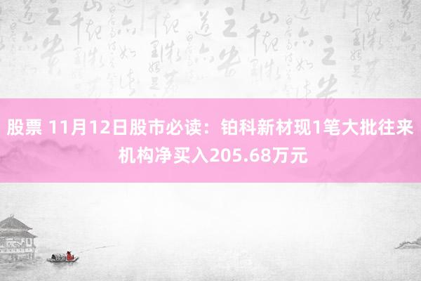 股票 11月12日股市必读：铂科新材现1笔大批往来 机构净买入205.68万元