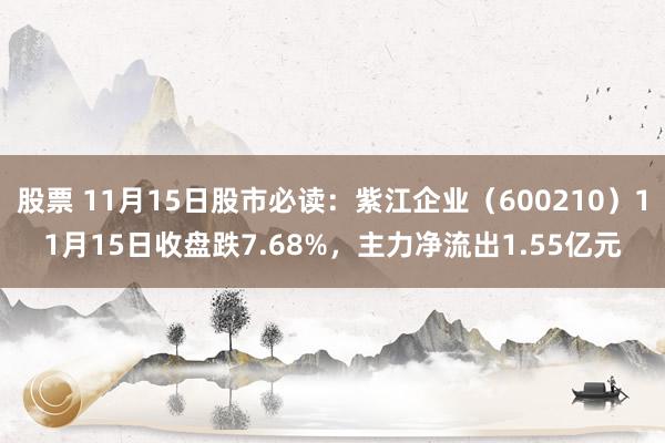 股票 11月15日股市必读：紫江企业（600210）11月15日收盘跌7.68%，主力净流出1.55亿元