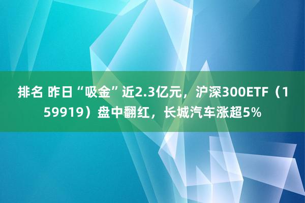 排名 昨日“吸金”近2.3亿元，沪深300ETF（159919）盘中翻红，长城汽车涨超5%